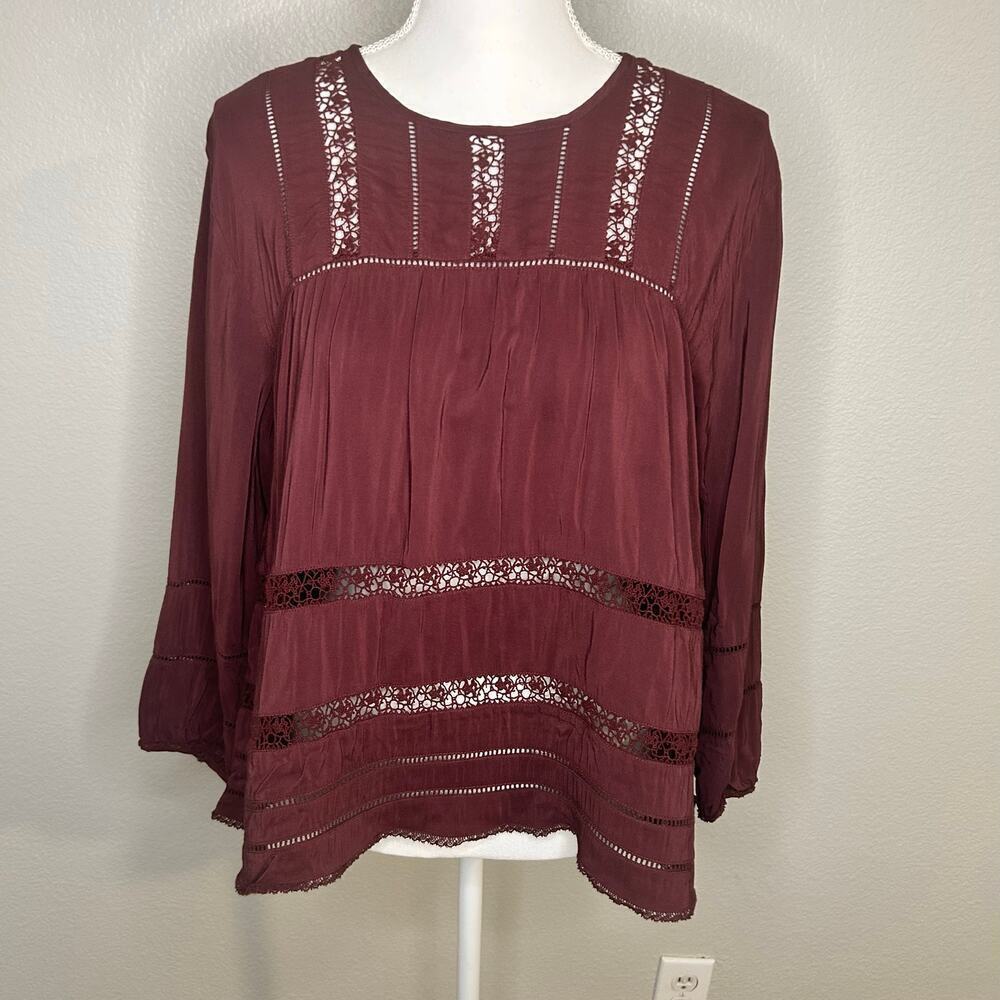 Aritzia Wilfred Armenia 3/4 sleeve burgundy viscose lace trim tunic top size M
